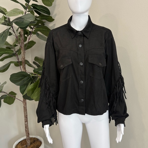 KORI Black Faux Suede Western Fringe Snap Shirt Jacket Womens Size Large Shacket - Picture 13 of 13